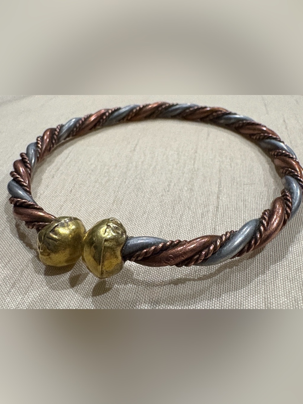 Vintage Copper & Steel Twisted Cuff Bracelet with Round Brass End Cap Beads